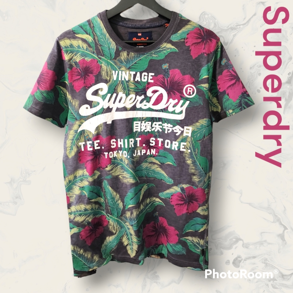 Beautiful Hibiscus 🌺 Print Superdry Shirt Size US S 100% Cotton Grey Pink